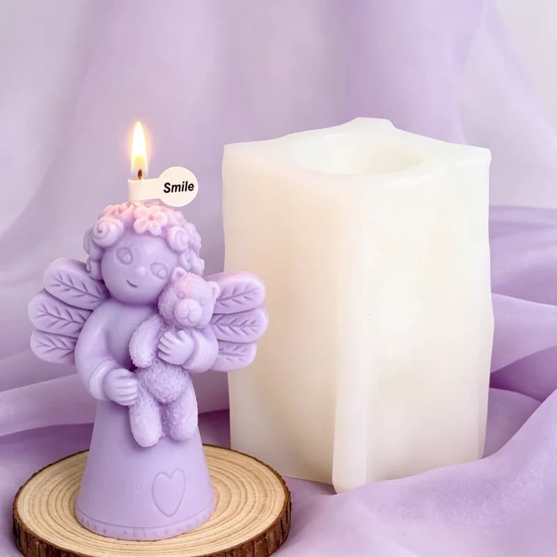 Angel Hugging Teddy Bear Silicone Candle Mold Cherub Bear Flower Heart DIY Aroma Resin Soap Plaster Mould Baby Shower Home Dec