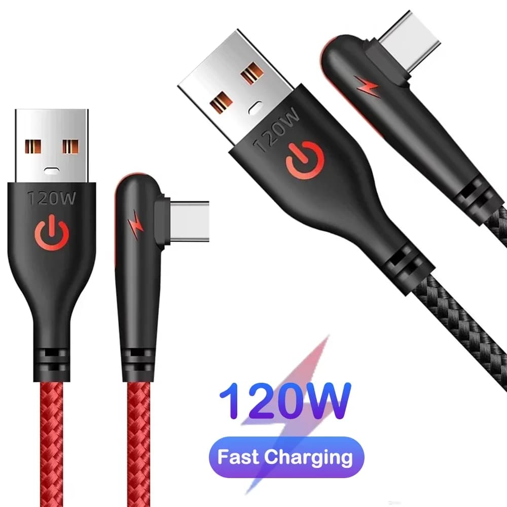 120W USB To Type-C Fast Charging Cable 90Degree Elbow Design Nylon Braided Mobile Phone Data Cord For Huawei oppo Xiaomi Samsung