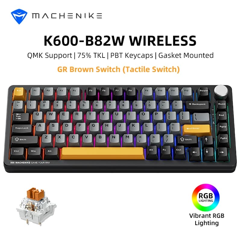 Machenike K600-B82W Tastiera meccanica Tri-Modes Montaggio su guarnizione Layout 75% ANSI Tastiera da gioco wireless retroilluminata RGB