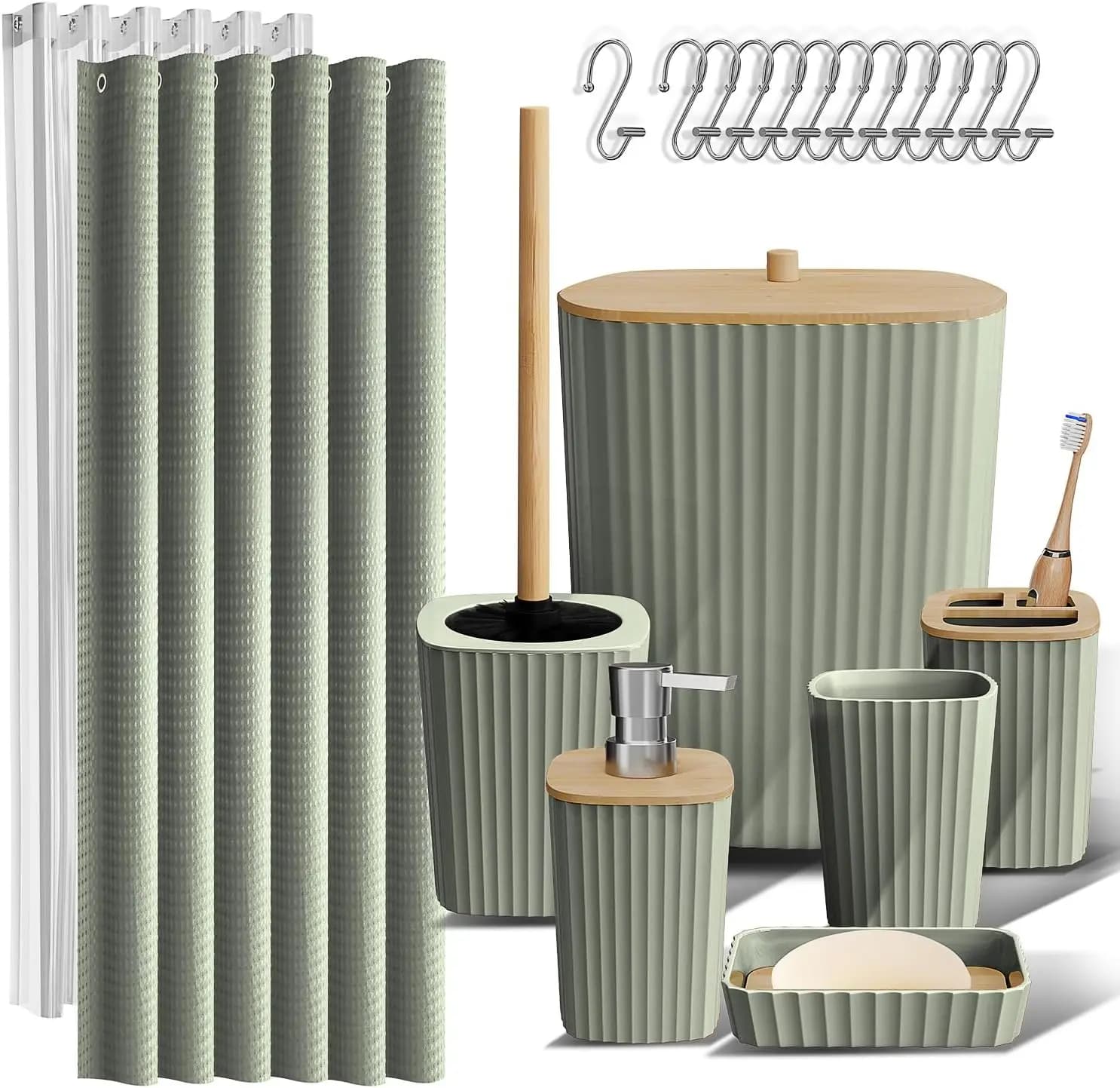 Set da Bagno Verde Salvia con Tenda Doccia, Scopino per WC, Cestino e Dispenser Sapone - 20 Accessori