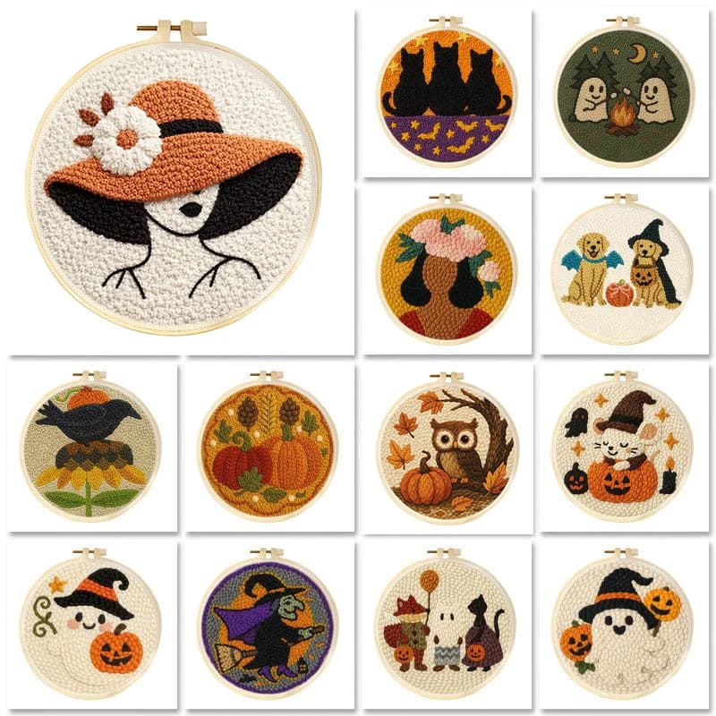 DIY Punch Needle Kit for Beginners Halloween Designs Magic Pock with Hoop Embroidery Yarn and Needles Folk Art For Home Decor