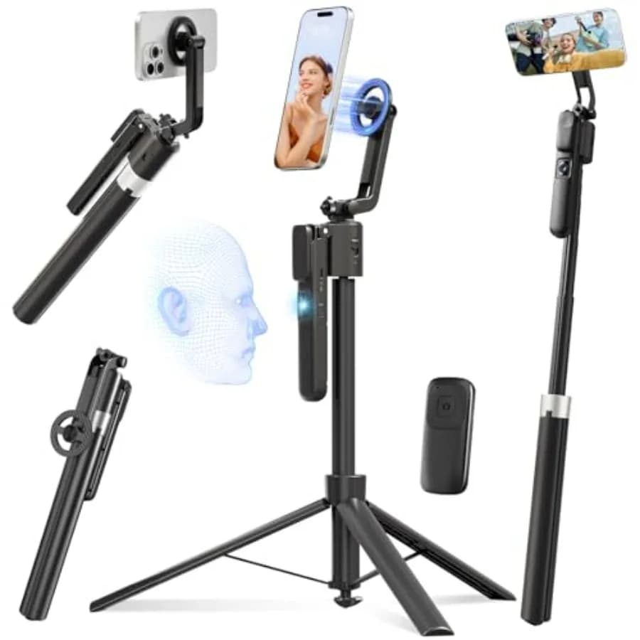 Treppiede Magnetico con Tracciamento Automatico del Viso per iPhone 71, Asta Selfie Portatile con Telecomando, Rotazione a 360°, Supporto Magnetico per Telefono