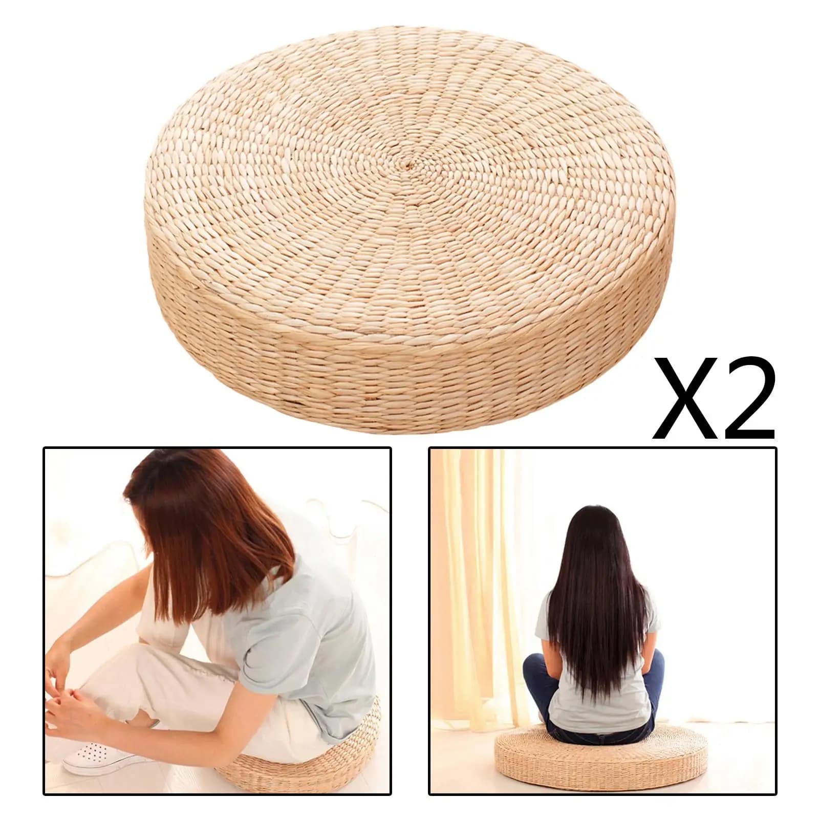 2 Seat Cushion, Round Pouf Tatami Cushion Hand-woven Straw Mat Yoga Mat Meditation Seat for Living Room 40x40cm