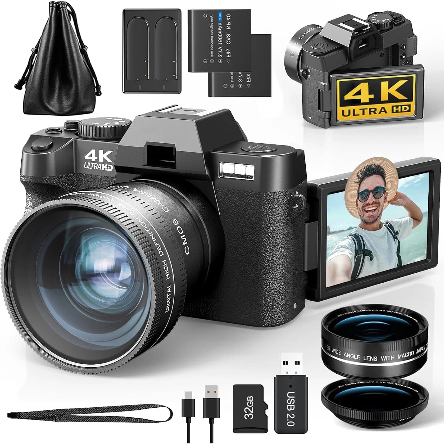NBD Obiettivo Macro 4K Fotocamera Digitale Flip Screen Selfie Videocamera 48MP Youtube Vlog WIFI Webcam Videoregistratore Zoom Digitale 16X