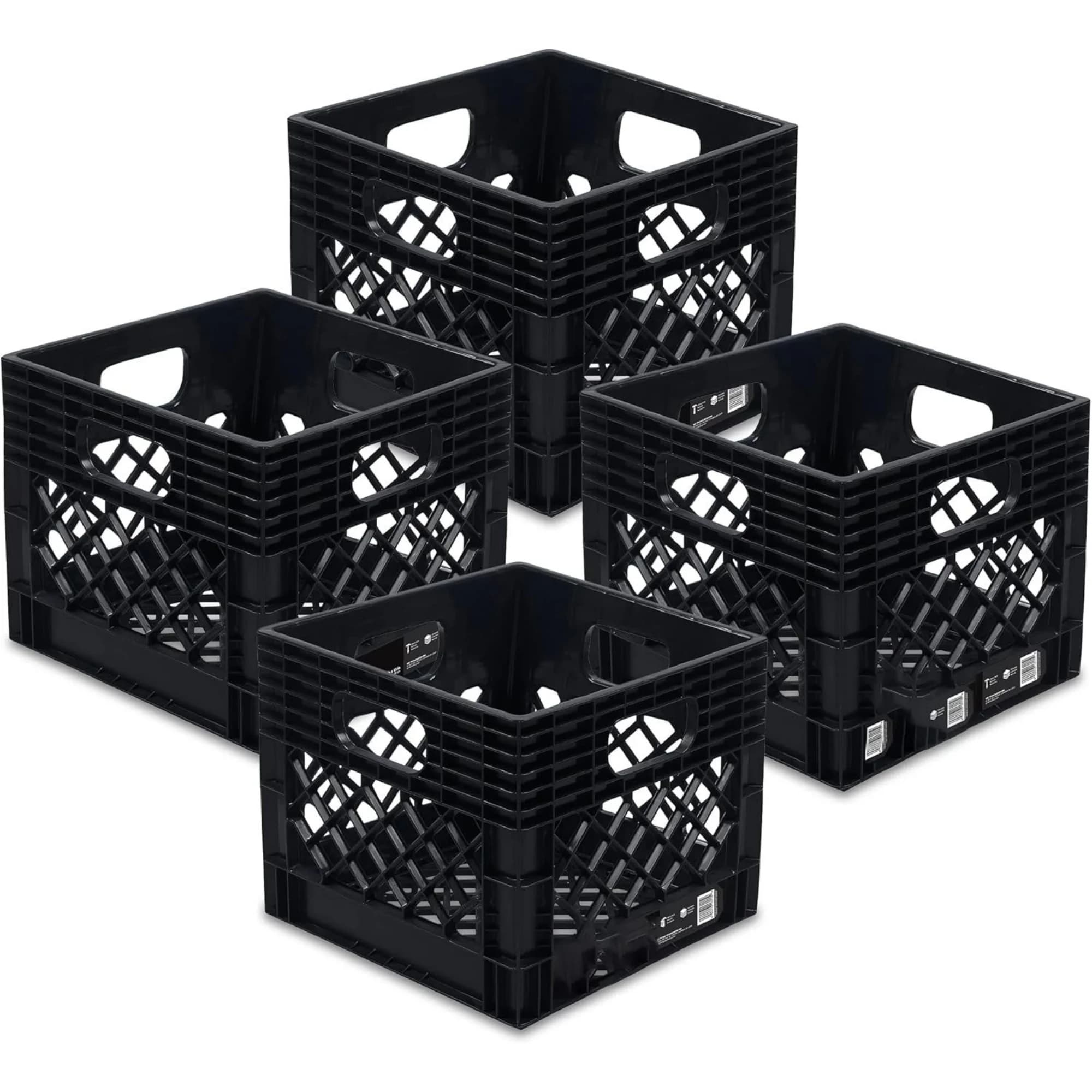 4 Pack Storage Milk Crate, Durable Plastic Home Organizers, Stackable Box Set with Reinforced Handles, 250 lb Load Capacity, Black