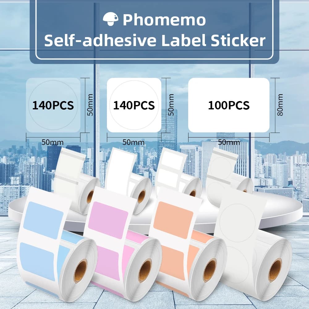 Adesivo autoadesivo Phomemo per stampante per etichette portatile M110/M200 Note adesive per etichette aziendali con codici a barre quadrati rotondi trasparenti
