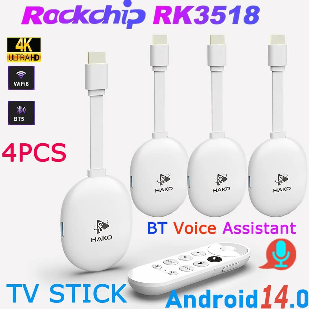 4PCS 2PCS 1PC H96 Max HAKO Android14.0 TV Stick RK3518 Quad Core 4K Wifi6 BT5.4 BT Voice Assistant Remote Control Smart TV Box
