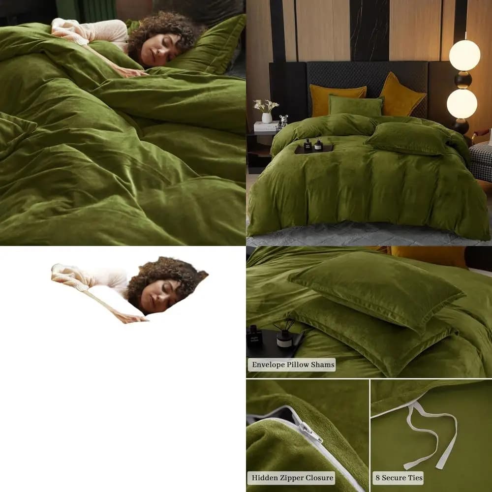Set bedspread in queen size velvet, bed linen in flannel 3 pieces with 8 laces, duvet cover and pillowcase, 90x90, olive green