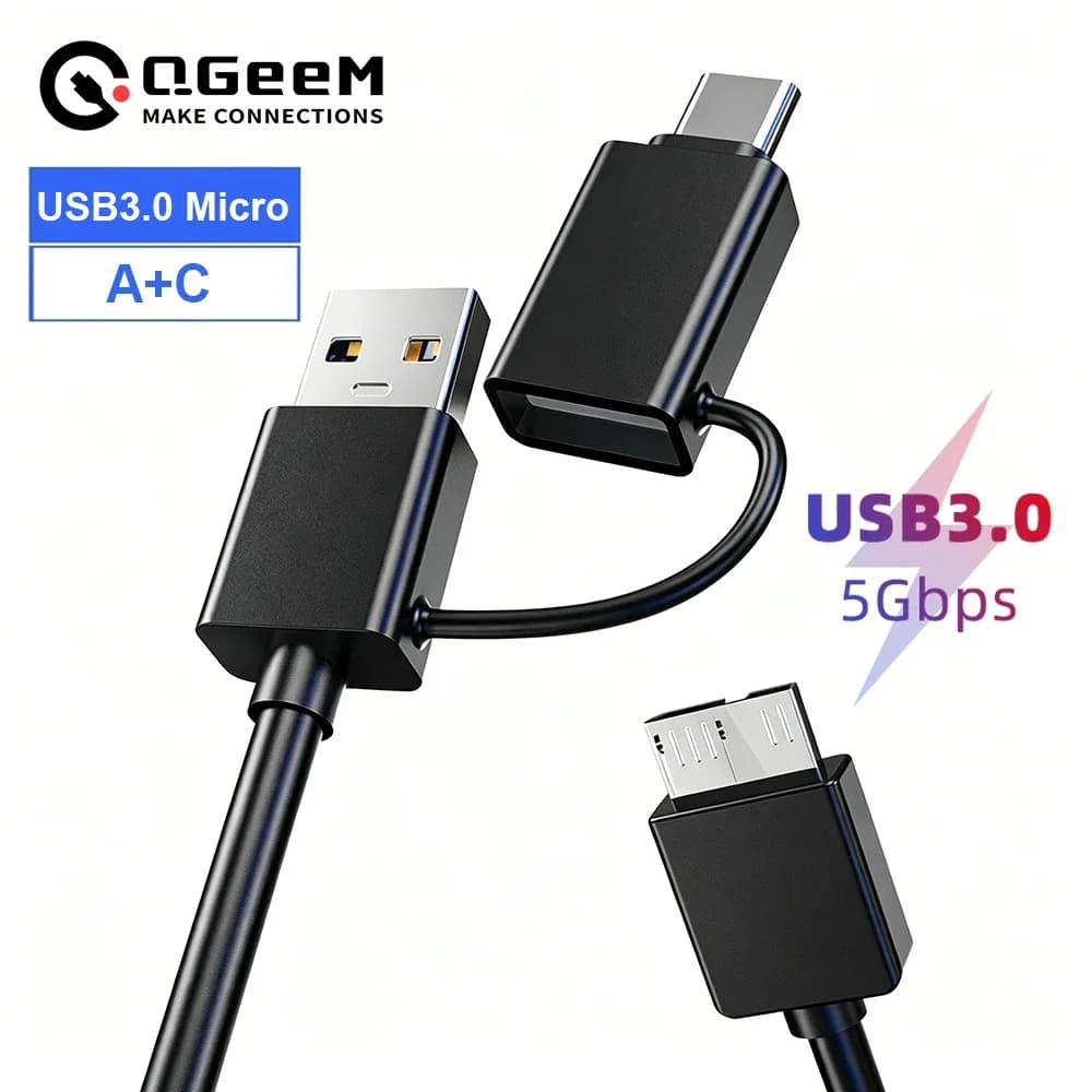 QGeeM USB3.0 A and C to Micro Cable Micro B Cables 5Gbps For External Hard Drive Disk HDD SSD MacBook Samsung Laptops Data Cord