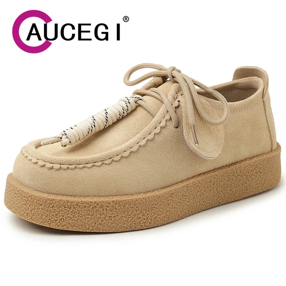 Aucegi 2025 Sale Calda Leather Scamosciata Mucca Retro Round Toe Comfortable Heel Med Spring Women Pumps Neutral Lace Up Pendolari Casual Shoes