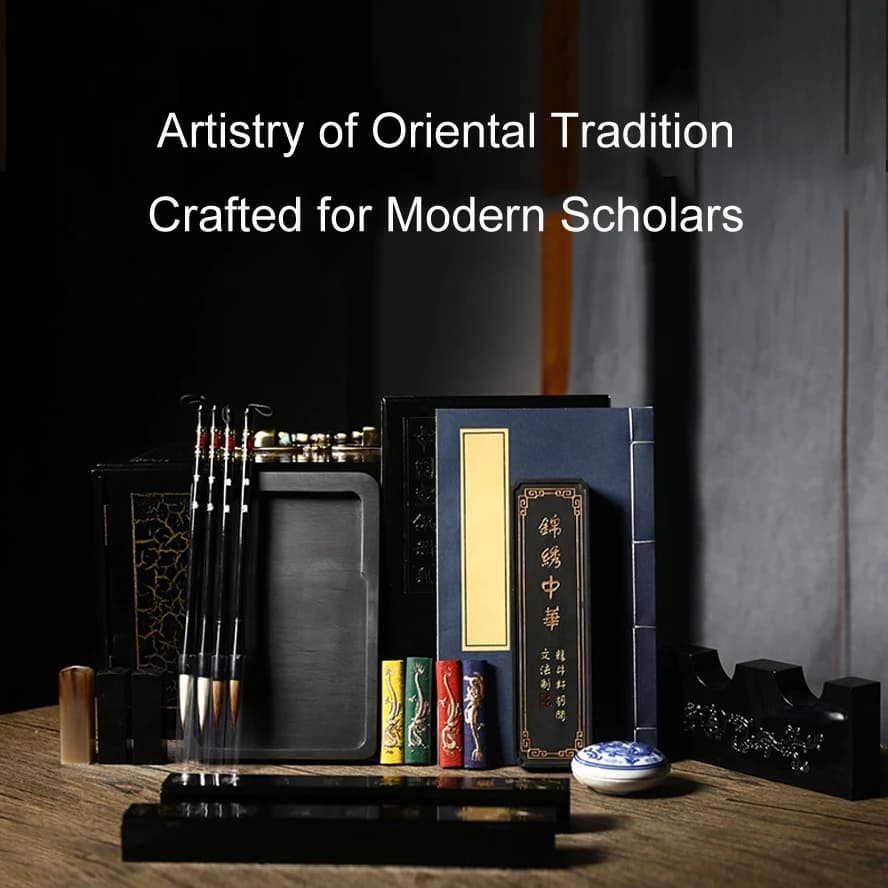 Chinese Calligraphy Set - Premium Xuan Paper, Brush,Ink stone Stick, Seal- Traditional Scholar's Four Treasures Gift for Artists