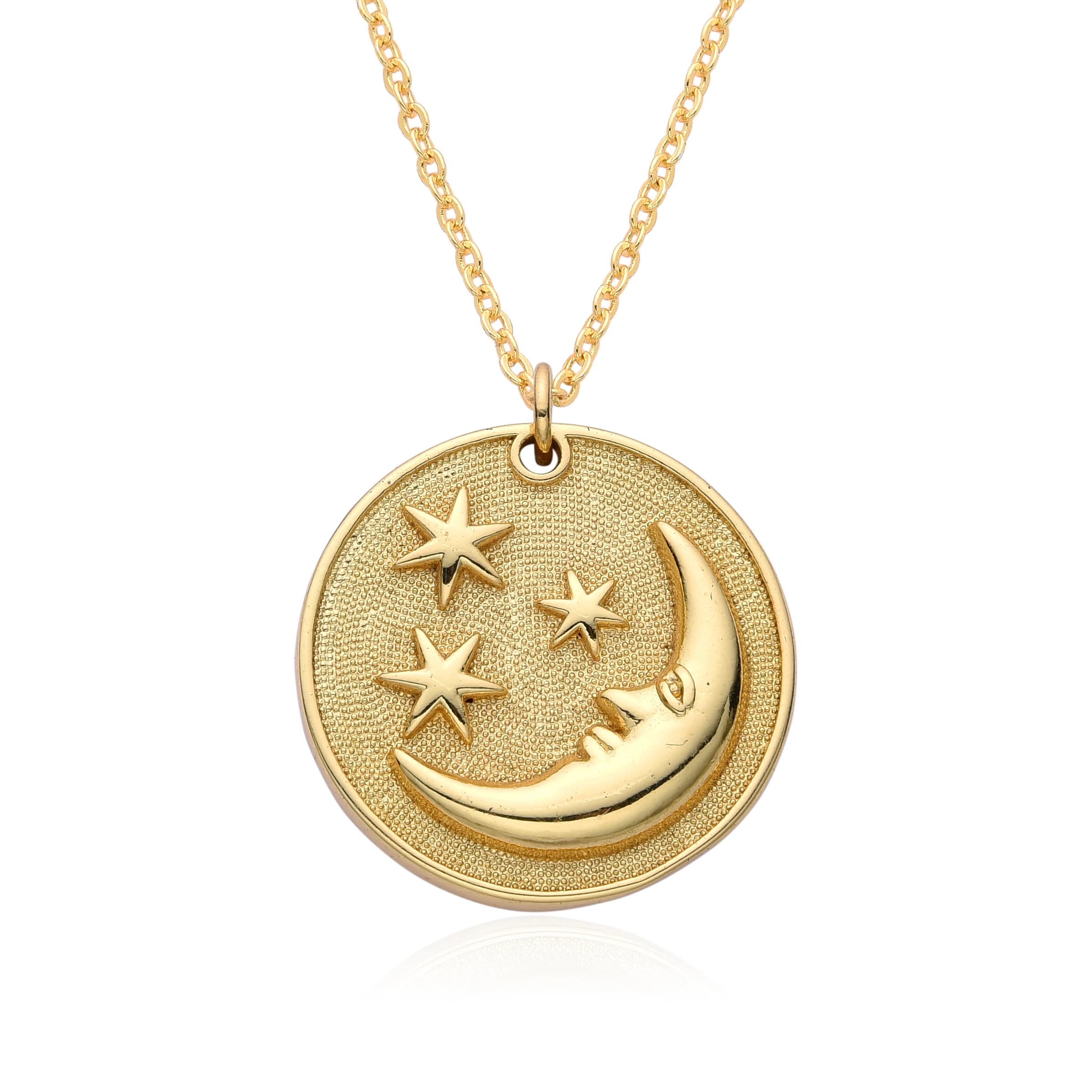 Ciondolo con moneta d'amore color oro Collana rotonda con stella di luna e freccia di Cupido per le donne Creazione di gioielli con tre ciondoli Hollyhock Rising Sun