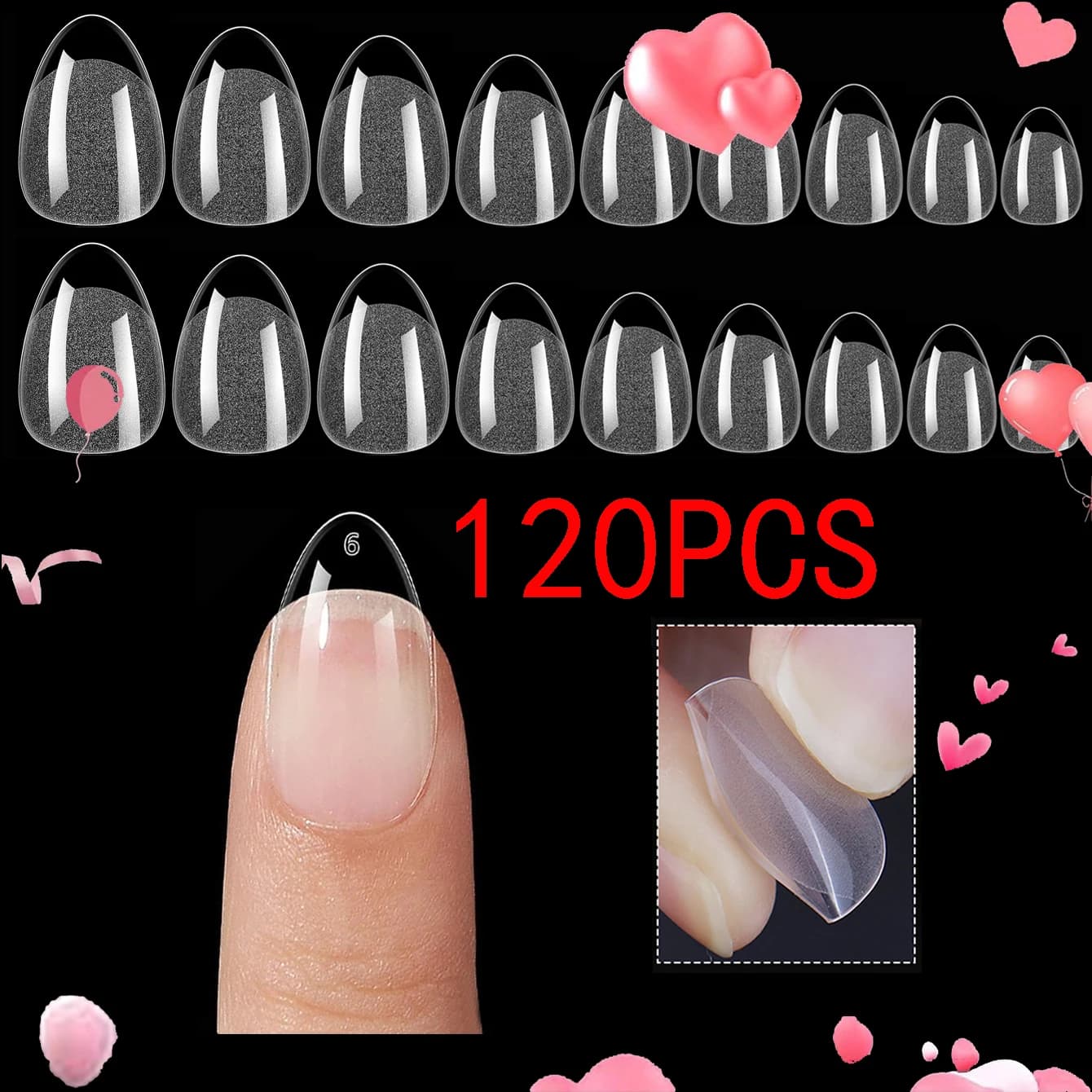 Short nail tips in almond: 120 soft gel tips for full cover gel X precipice nail tips - PMMA resin transparent fake nails 12 size