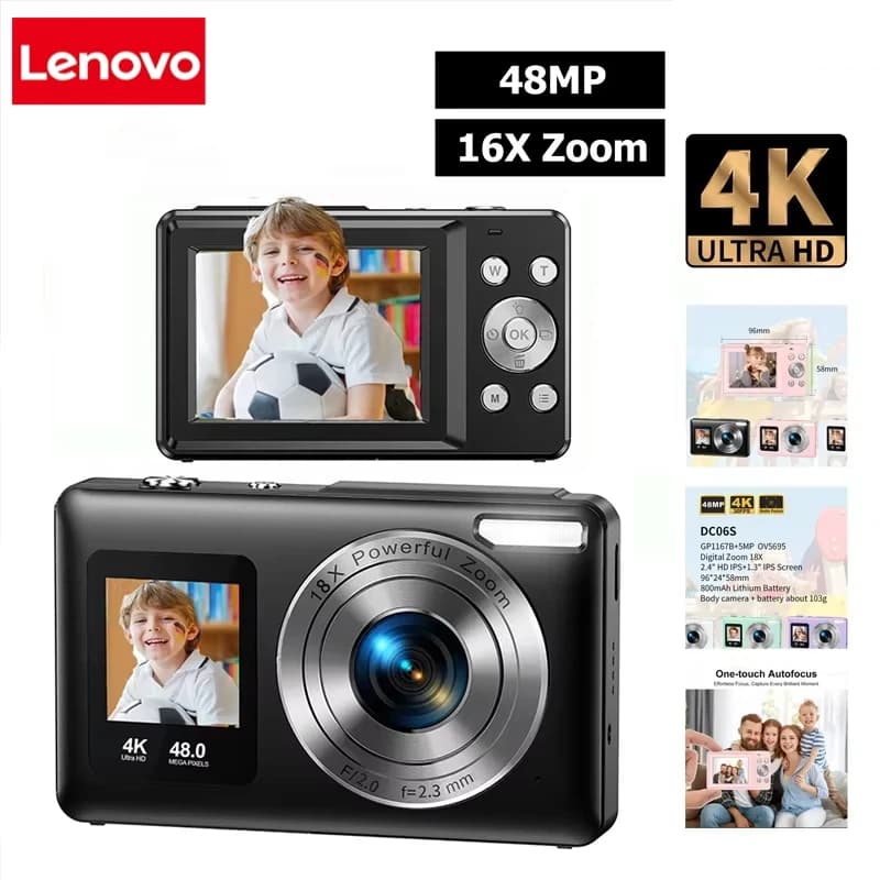Fotocamera Digitale Lenovo 4K 48MP con Doppio Schermo, Autofocus, Anti-Shake, Zoom 16X, Videocamera per Vlogging con Scheda SD da 64GB, Compatta da Viaggio
