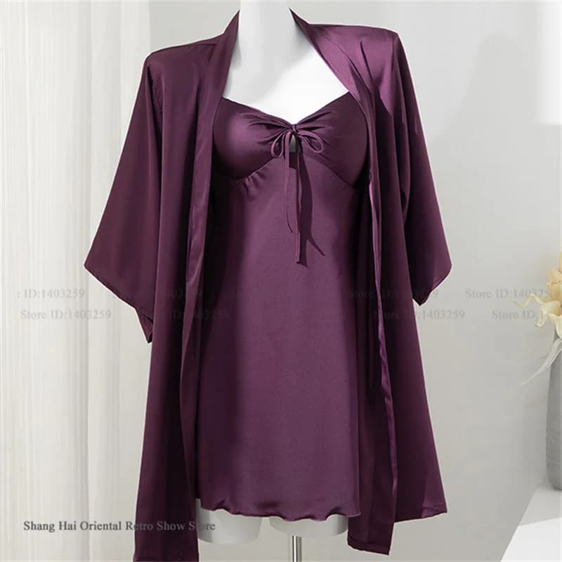 Femminile 2PCS Robe Camicia da notte Set Pigiama Reggicalze sexy Camicia da notte Lingerie Estate Kimono Accappatoio Abito Rayon Homewear Lounge Wear