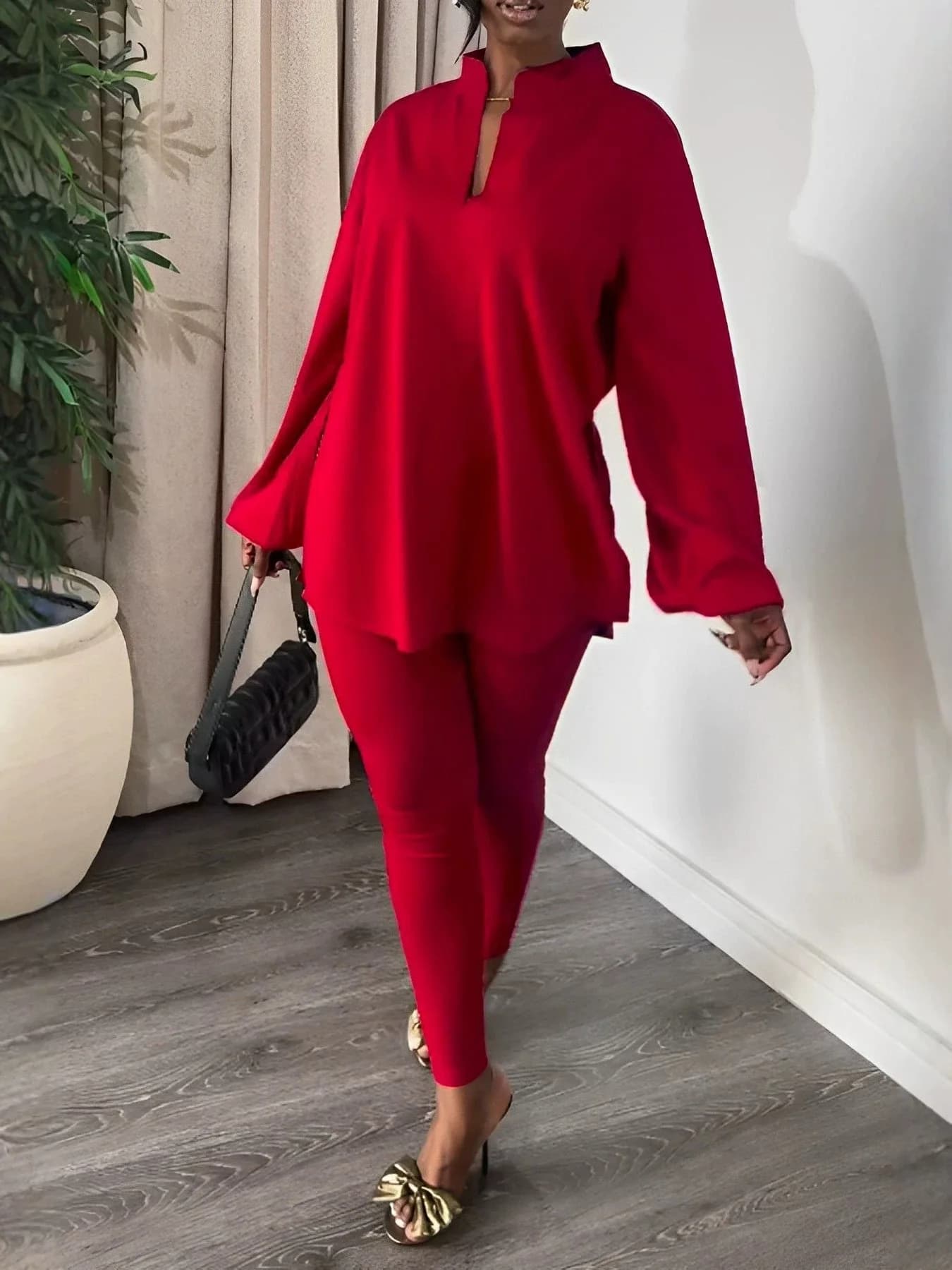 New Fashion Casual Long Sleeve V-neck Solid Color Loose Fit Pullover Shirt + High Waist Ankle Length Skinny Pants Set