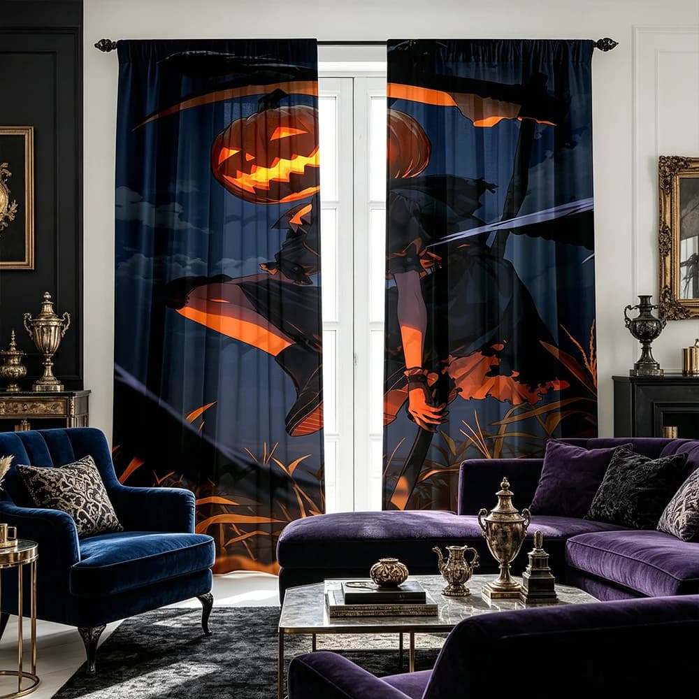 2PCS Halloween Themed Print Curtains Pumpkin Head Scythe Grim Reaper Crow Cornfield Dark Night Illustration Pattern Dark Anime S