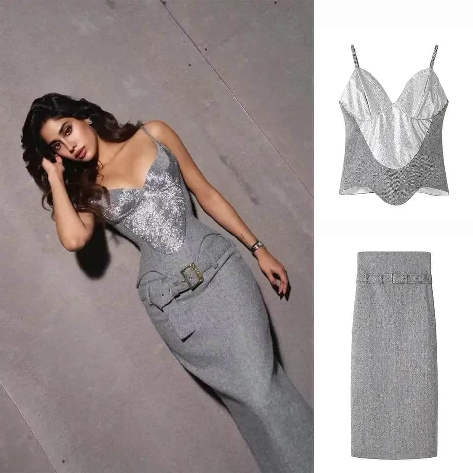 Sexy Sequin Halterneck Top and Half-Length Skirt with Belt Set Women's Summer Commute Elegant Trendy Style Casual Outfit