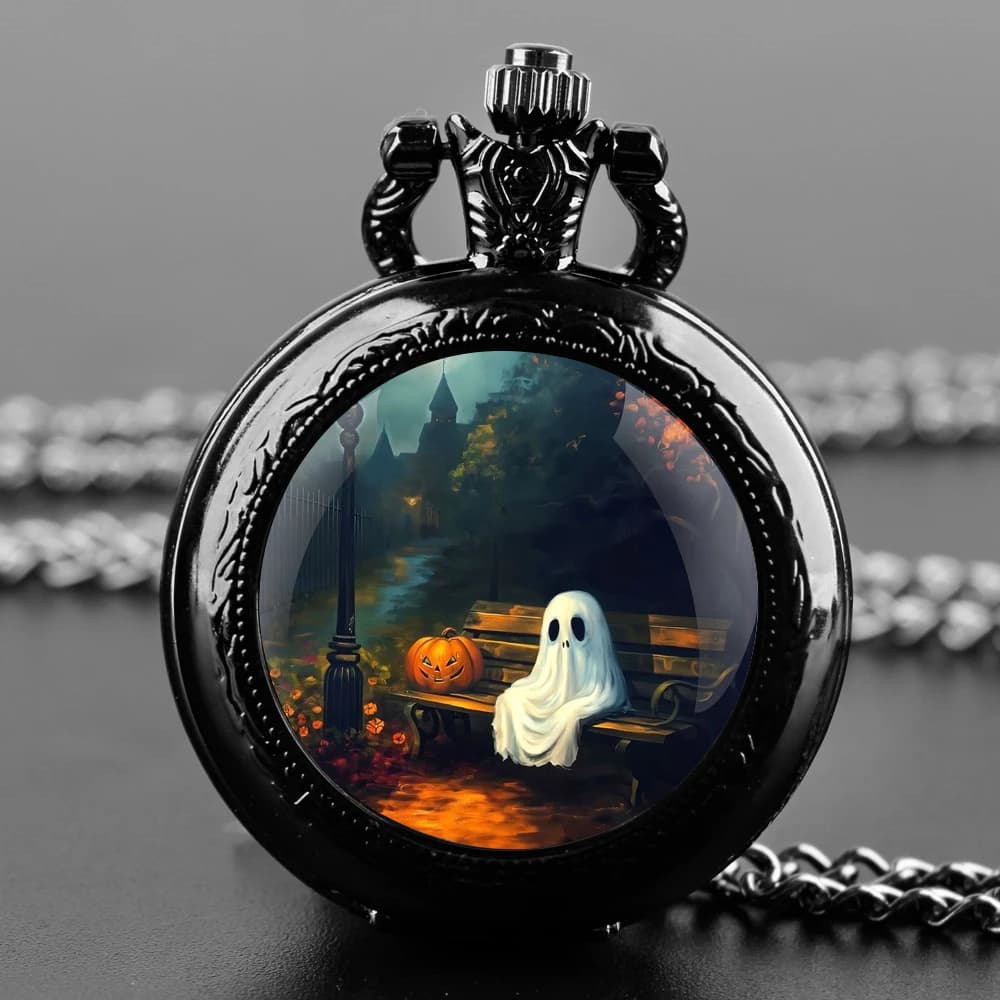 Orologio da tasca al quarzo con cupola in vetro fantasma cosplay di Halloween con catena resistente quadrante con numeri arabi regali creativi per uomini e donne