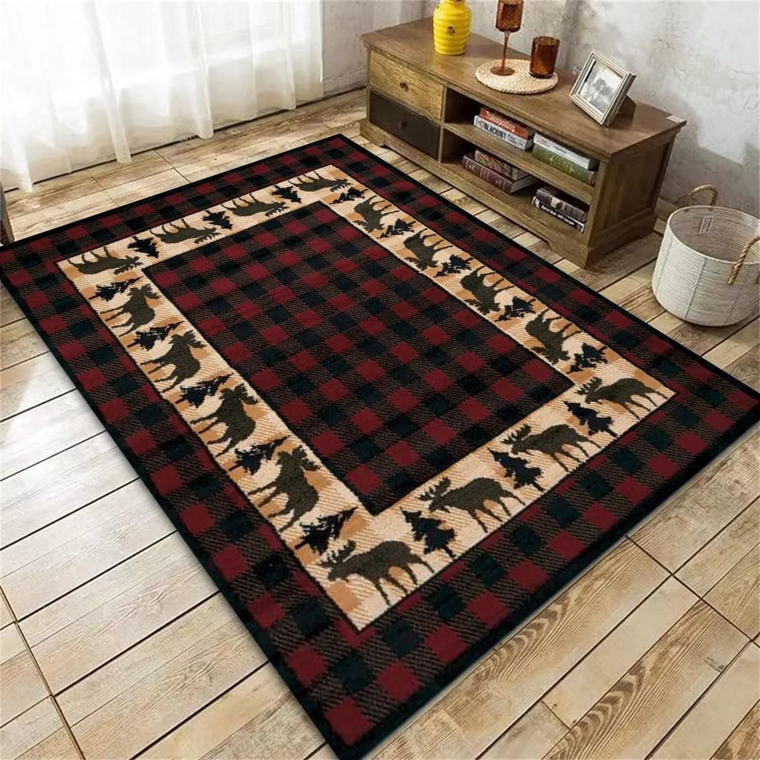 Rustic Red Black Plaid Moose Area Rug for Living Room Vintage Carpet Design with Pine Trees Non Slip Floor Mat