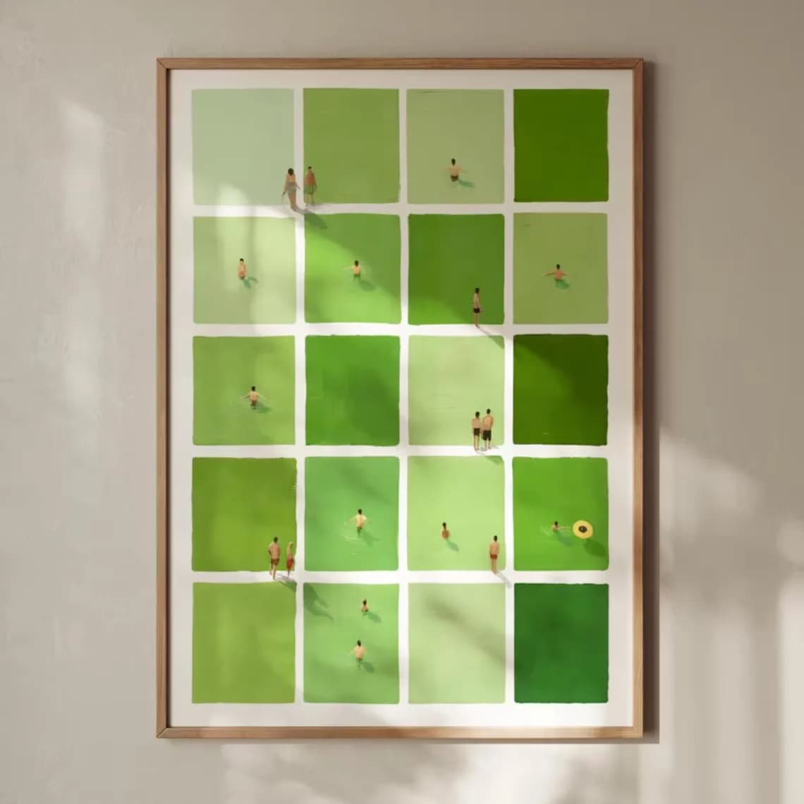 "Green Grid Swimmers Minimalist Wall Print Decor - Serene Pool Scene Art for Living Room Accent, Bathroom Wall Decor, or Summ