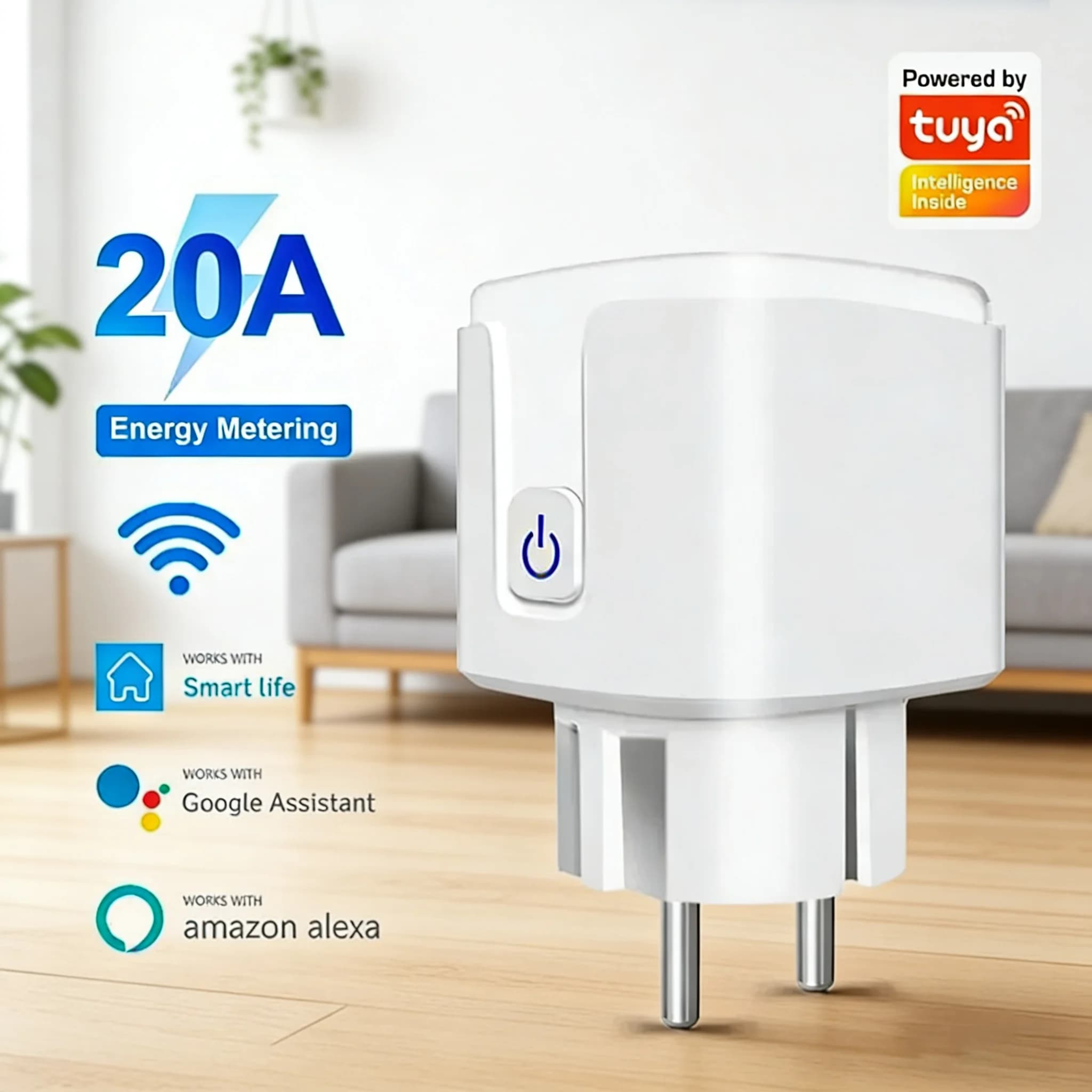 Presa Intelligente WiFi Tuya EU 20A, Controllo Remoto tramite App Smart Life, Monitoraggio Energetico, Timer, Compatibile con Alexa e Google Assistant