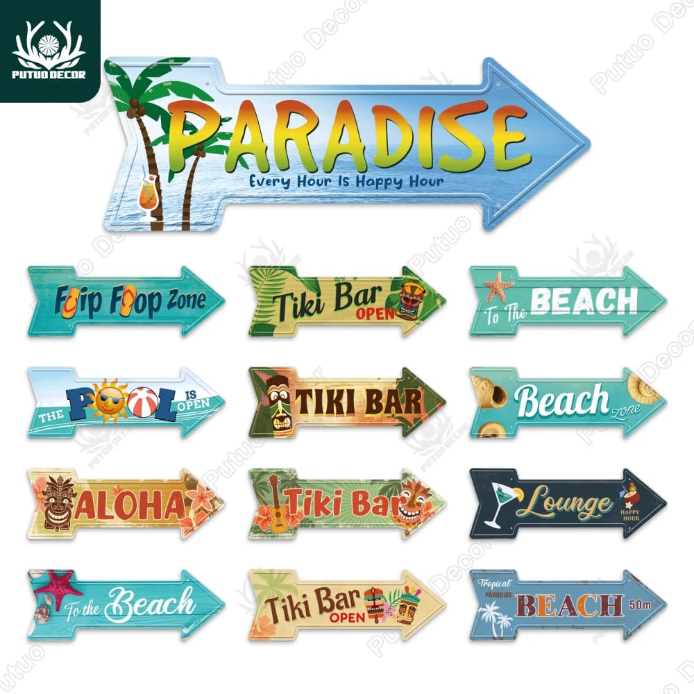 Putuo Decor Beach Arrow targa in metallo segni guida stradale piastra appesa in latta decorazione da parete al mare per soggiorno Tiki Bar Home