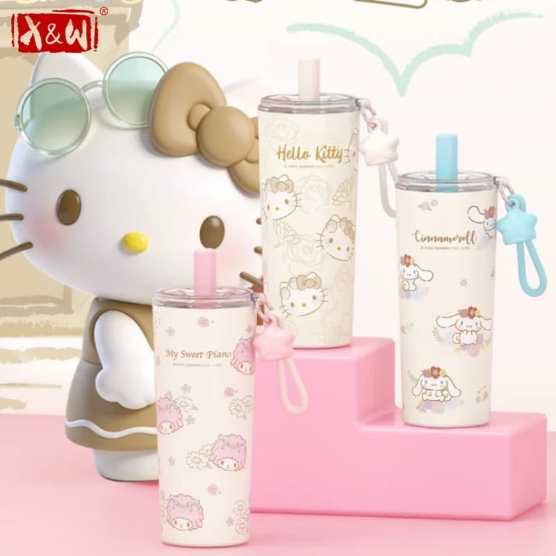 X&W Sanrio 650ML Insulated Water Cup Cartoon Hello Kitty Coffee Mug with Straw Cap＆Clear Lid Stainless Steel Car-mounted Cups