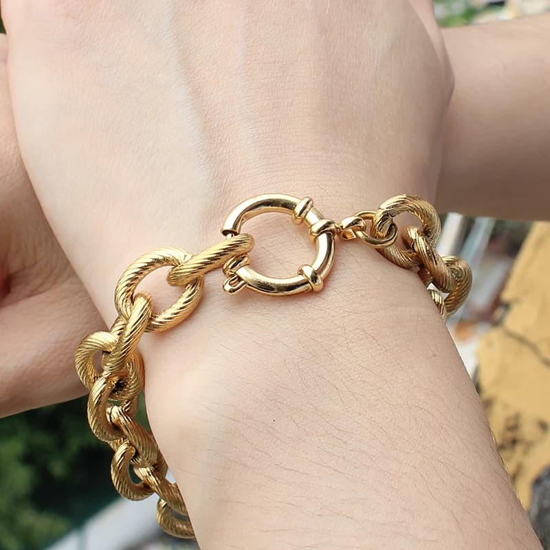 Bracciale a catena in acciaio inossidabile placcato oro 18 carati PVD 12 mm Catena geometrica hip hop fatta a mano Creazione di gioielli con ciondoli fai-da-te