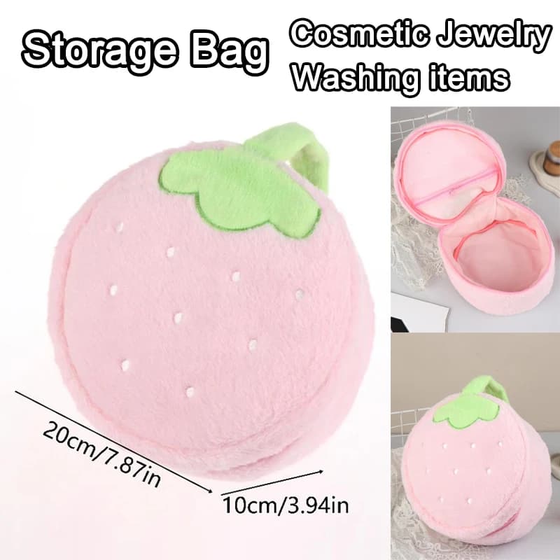 Borsa Cosmetica a Forma di Fragola, Rosa, in Peluche, per Trucchi e Accessori da Viaggio, Contenitore per Bambole, Organizer, Astuccio, Regalo per Ragazze