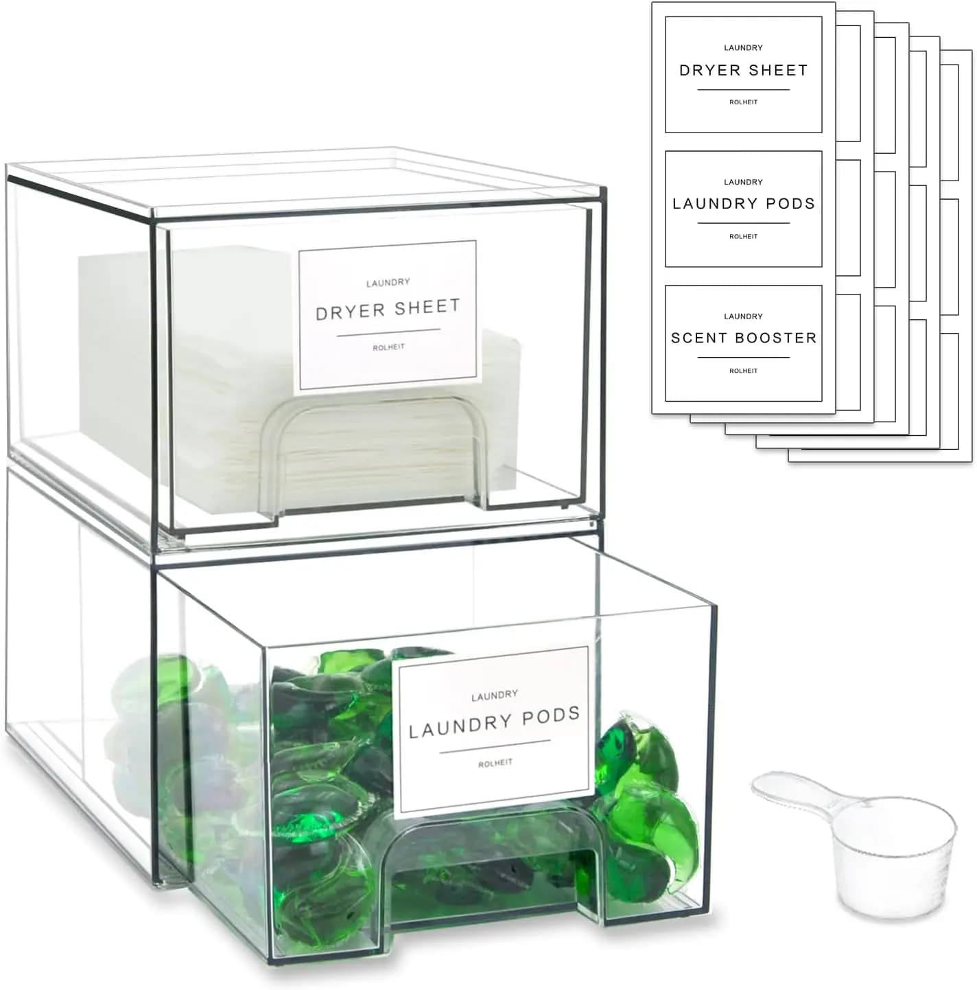 Set di 2 Cassetti Impilabili per Lavanderia con Etichette, Porta Salviette e Contenitori per Capsule per una Lavanderia Organizzata