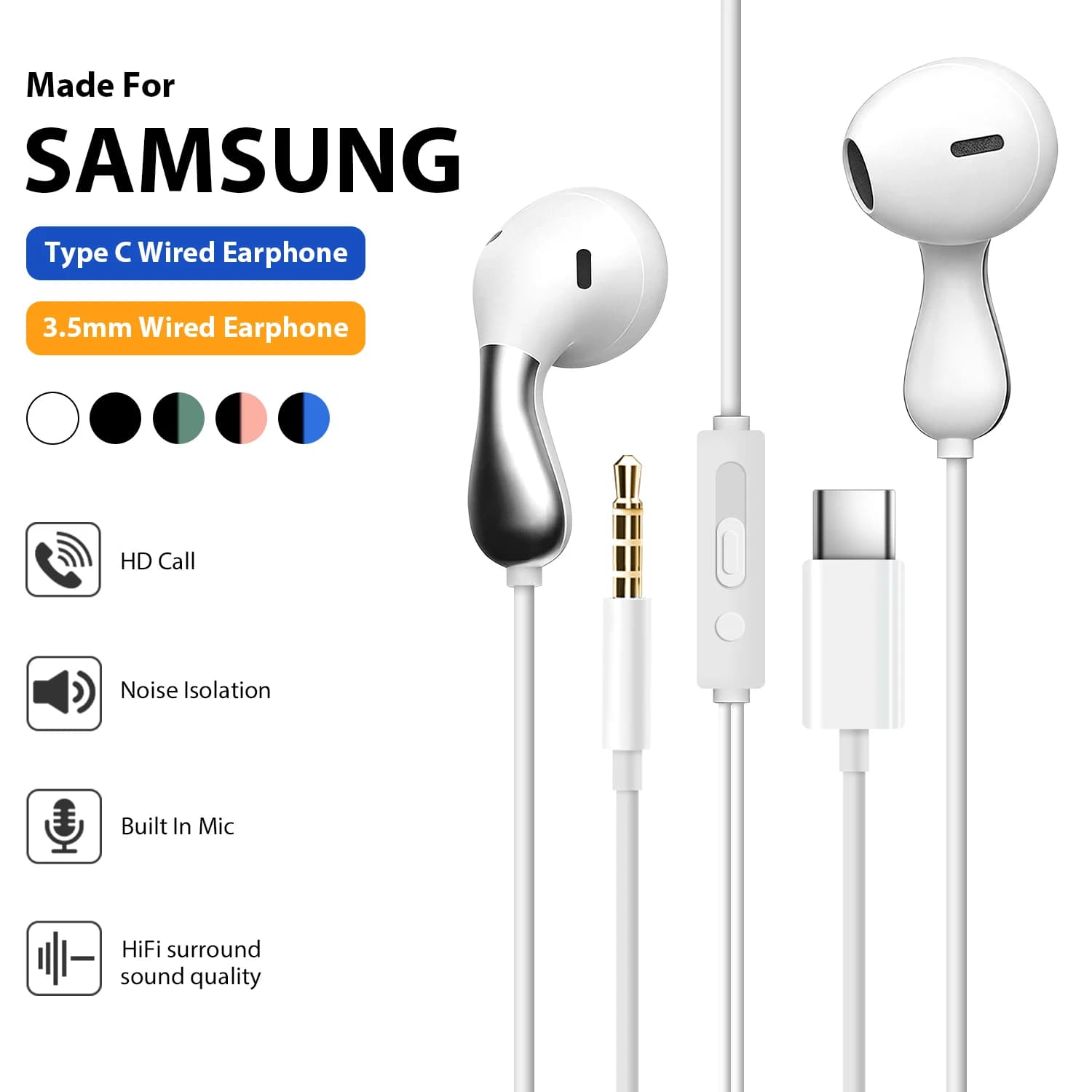 USB Type-C headphones with cable for Samsung Galaxy, iPhone 17, 16, Xiaomi Redmi, iPad, 3.5 mm headphones for Android tablets and phones