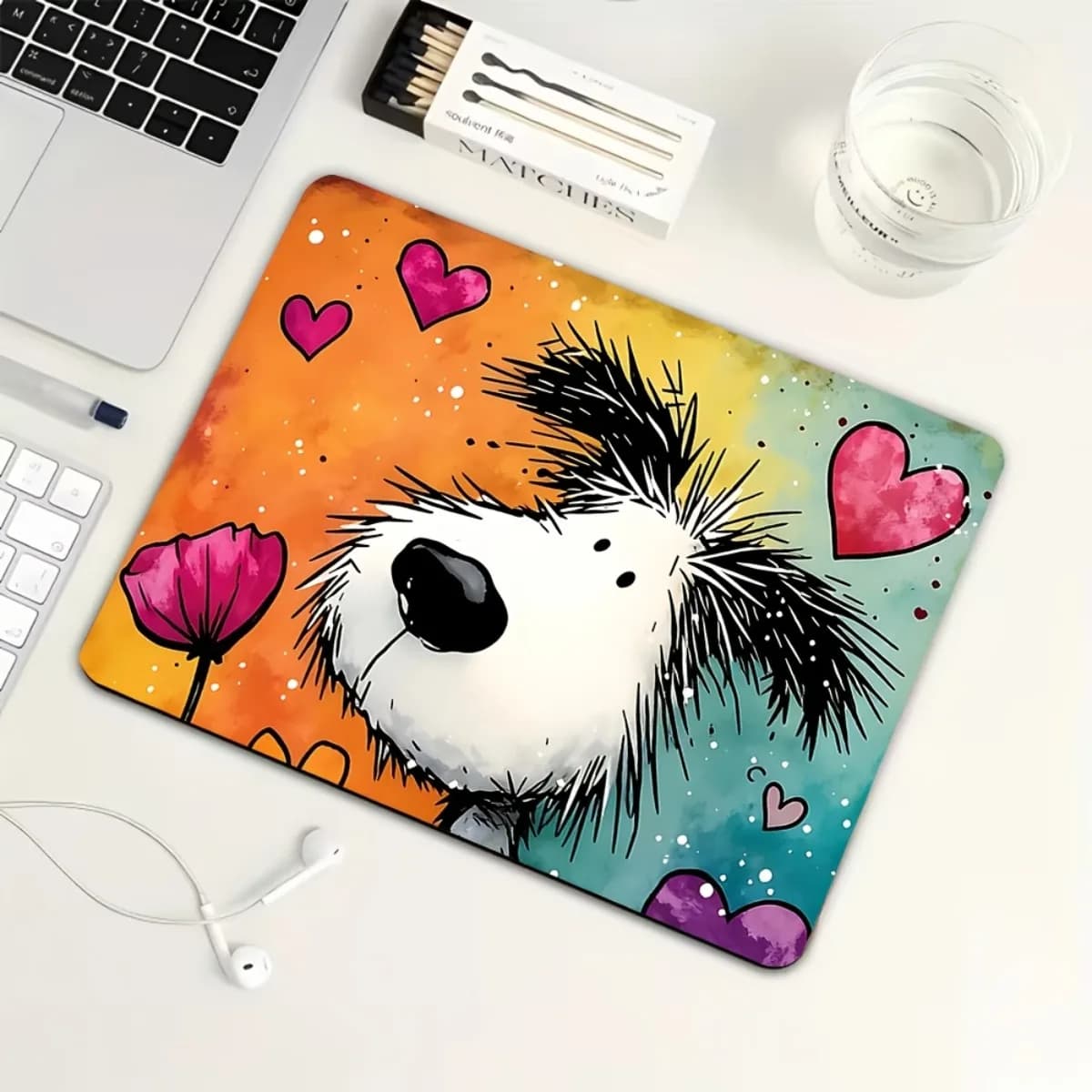 Rubber Mouse Mat with Classic Motive of Puppies and Hearts, Anti-slip, for Office, Mechanical Keyboard and Gaming