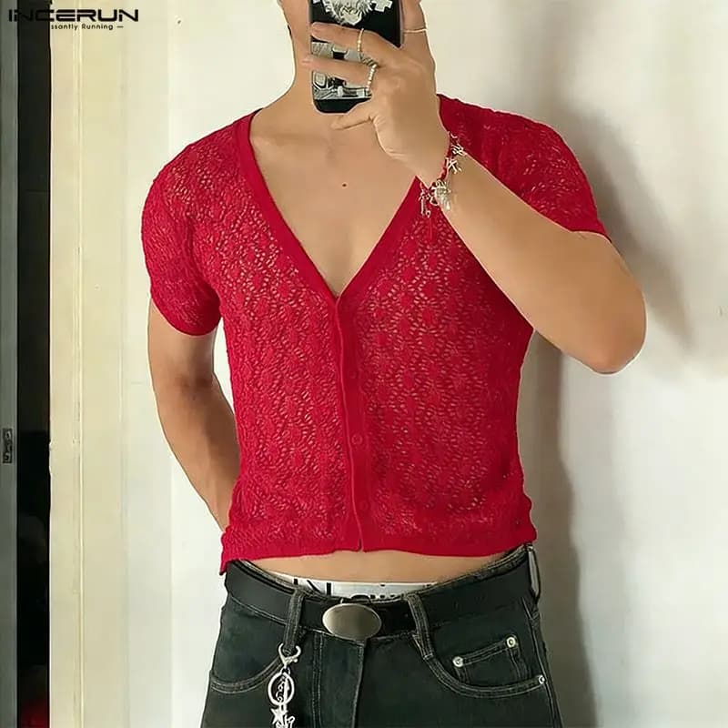 INCERUN T-shirt da uomo in pizzo traforato con scollo a V, manica corta, top corto, cardigan, streetwear estivo, sexy, trasparente, abbigliamento maschile