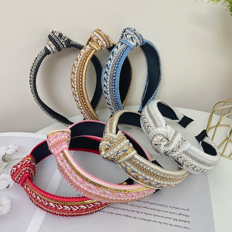 Boho strass Faux Pearl fascia lavorata a maglia con paillettes lucide cerchio per capelli eleganti accessori per capelli per le donne ragazze fascia larga