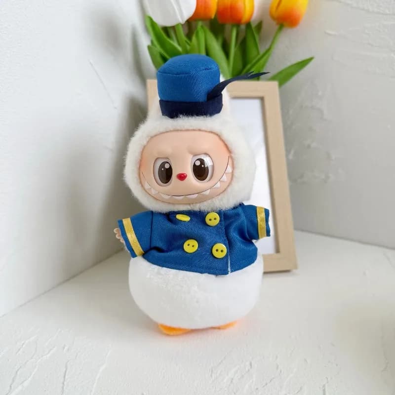Cartoon Duck Uniform Doll Outfit Mini Top Hat Fluffy Jumpsuit Set For 15-17cm Labubu Plush Blind Box Doll Cute Cosplay Costume