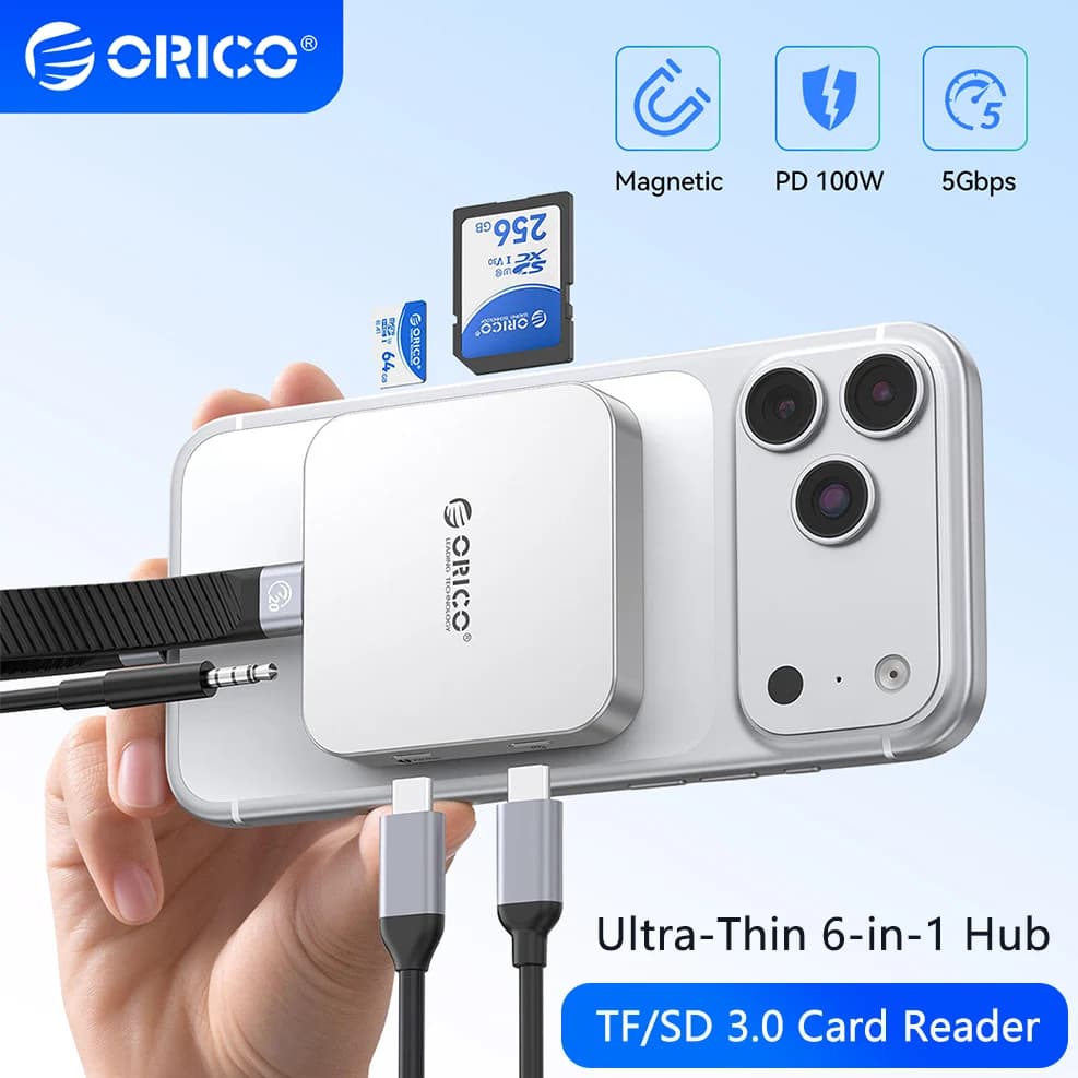 USB Hub C Ultra-Slim 6-in-1 with SD/TF 3.0 Magnetic Card Reader, PD100W, Multi-Port 5Gbps Expansion and Audio Slots 3.5mm Air5C