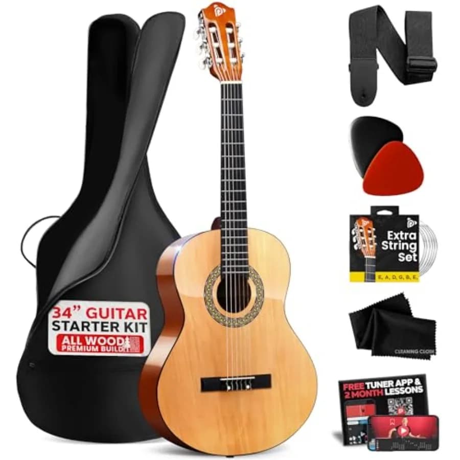 Beginner Acoustic Guitar Kit: 1/2 Junior Size, All Wood, Natural Finish, Includes Picks, Strap, Carry Case, Cloth, Tuner App, 2