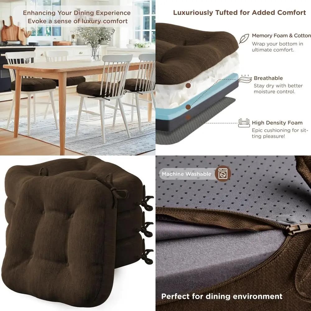 Set di 4 Cuscini Spessi Lavabili Antiscivolo in Memory Foam per Sedie da Pranzo, 16.5x16.5x3.5, Marrone