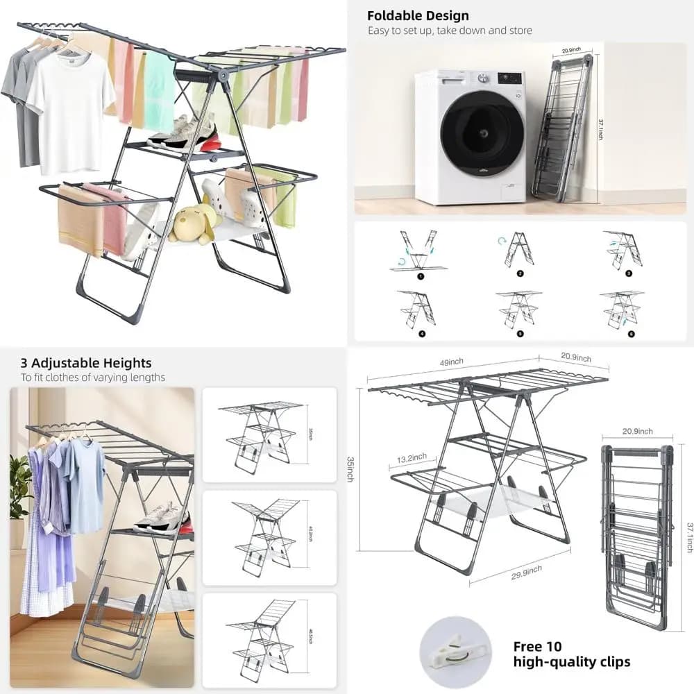 Foldable 2-Length Stainless Steel Interior Drying Machine, Foldable Laundry Clothes Hanger for Efficient Space Saving