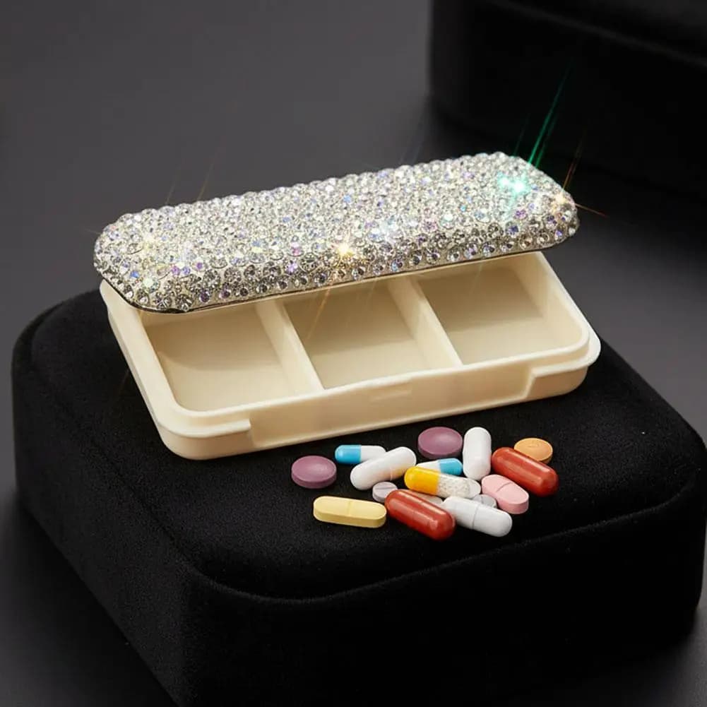 Portapillole portatile con cristalli, scatola per pillole da viaggio, contenitore per vitamine, piccolo porta pillole da tasca o borsa, organizer per medicinali.
