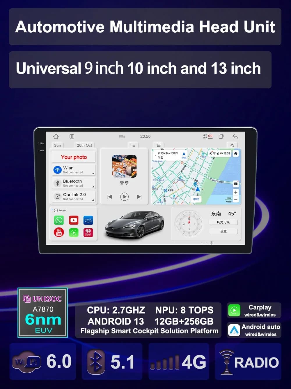 Upgradation UIS 7870 Android 13 Universal Car Multimedia AI Voice mp5 Palyer navigazione gps Carplay Auto Stereo Radio Head Unit