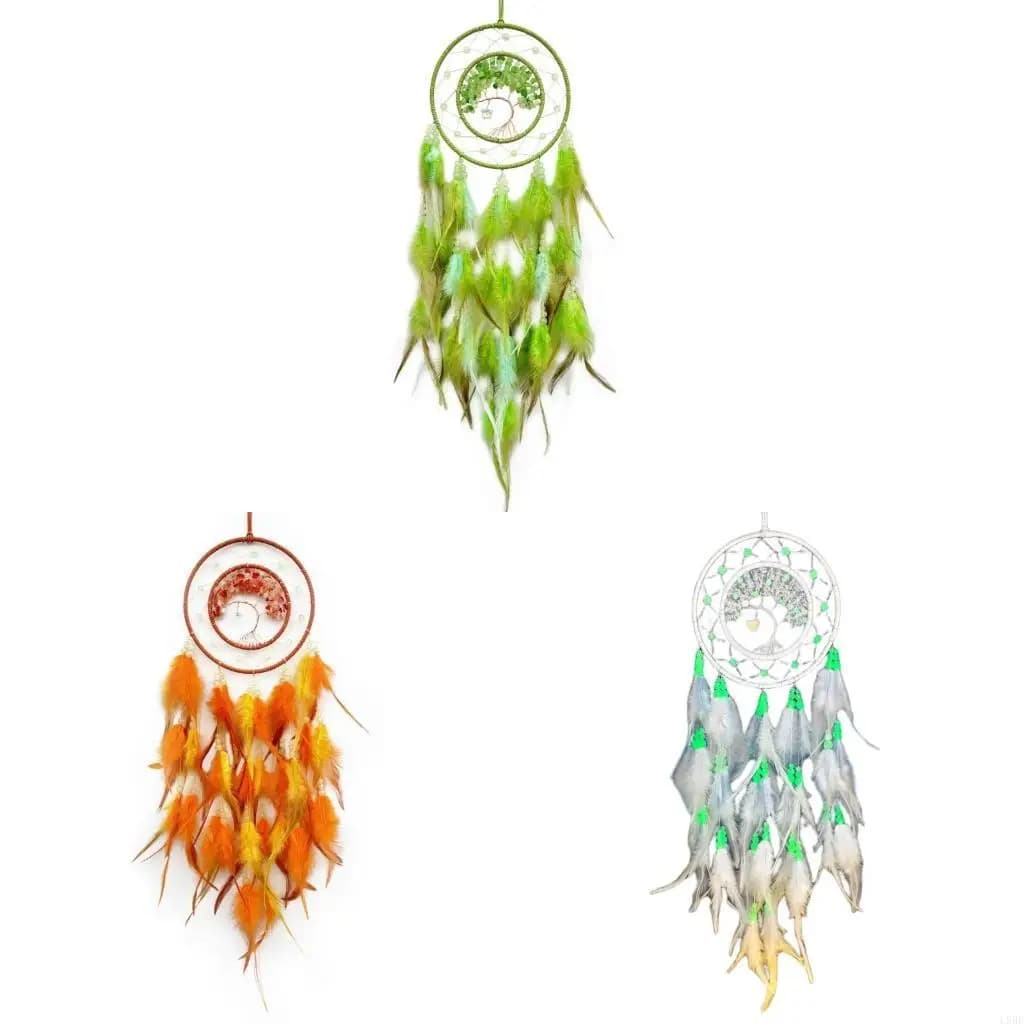 L9BE Feathered Tassels Dreamcatchers Hanging Ornament with Night Glowing Beads and Crystal for Car Hanging or Home Decors