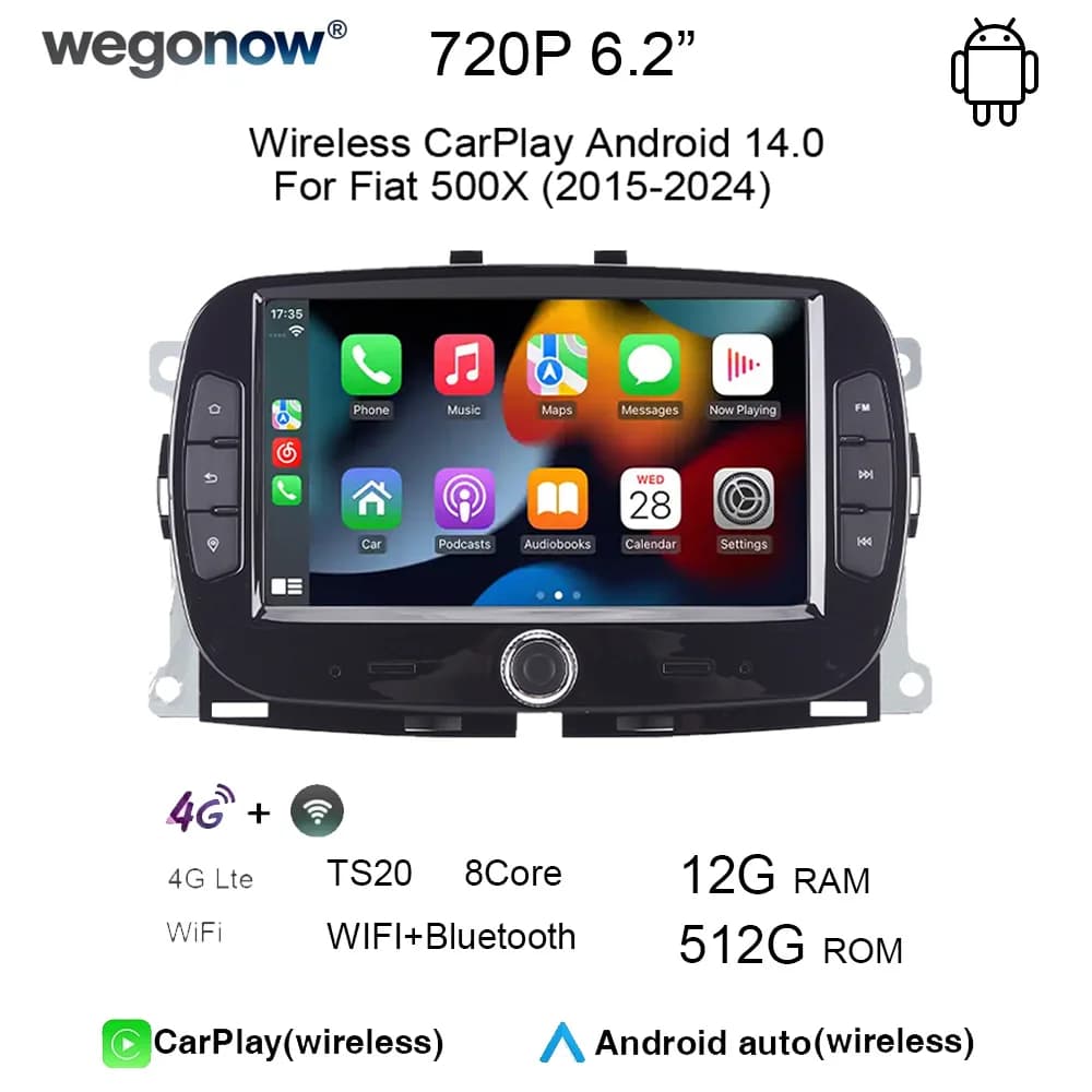 Wegonow 7" IPS car radio For For Fiat 500X 2015-2024 support wireless CarPlay Android Auto WiFi and Bluetooth multimedia player
