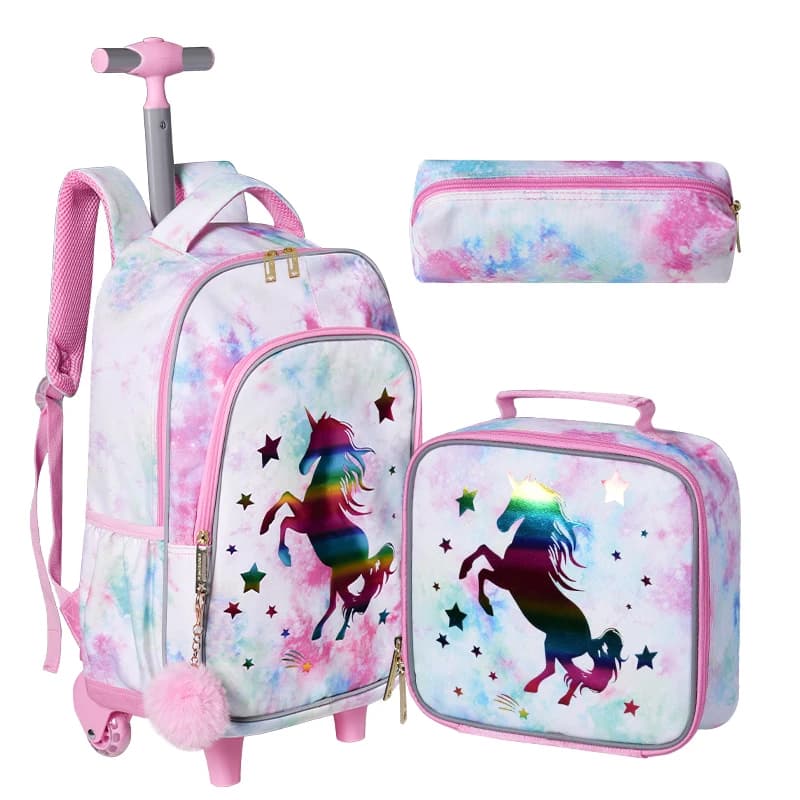 Zaino con ruote da 3 pezzi per ragazze Zaino scolastico con ruote per bambini con pranzo e borsa per penne Unicorno rosa Funzione che si illumina al buio