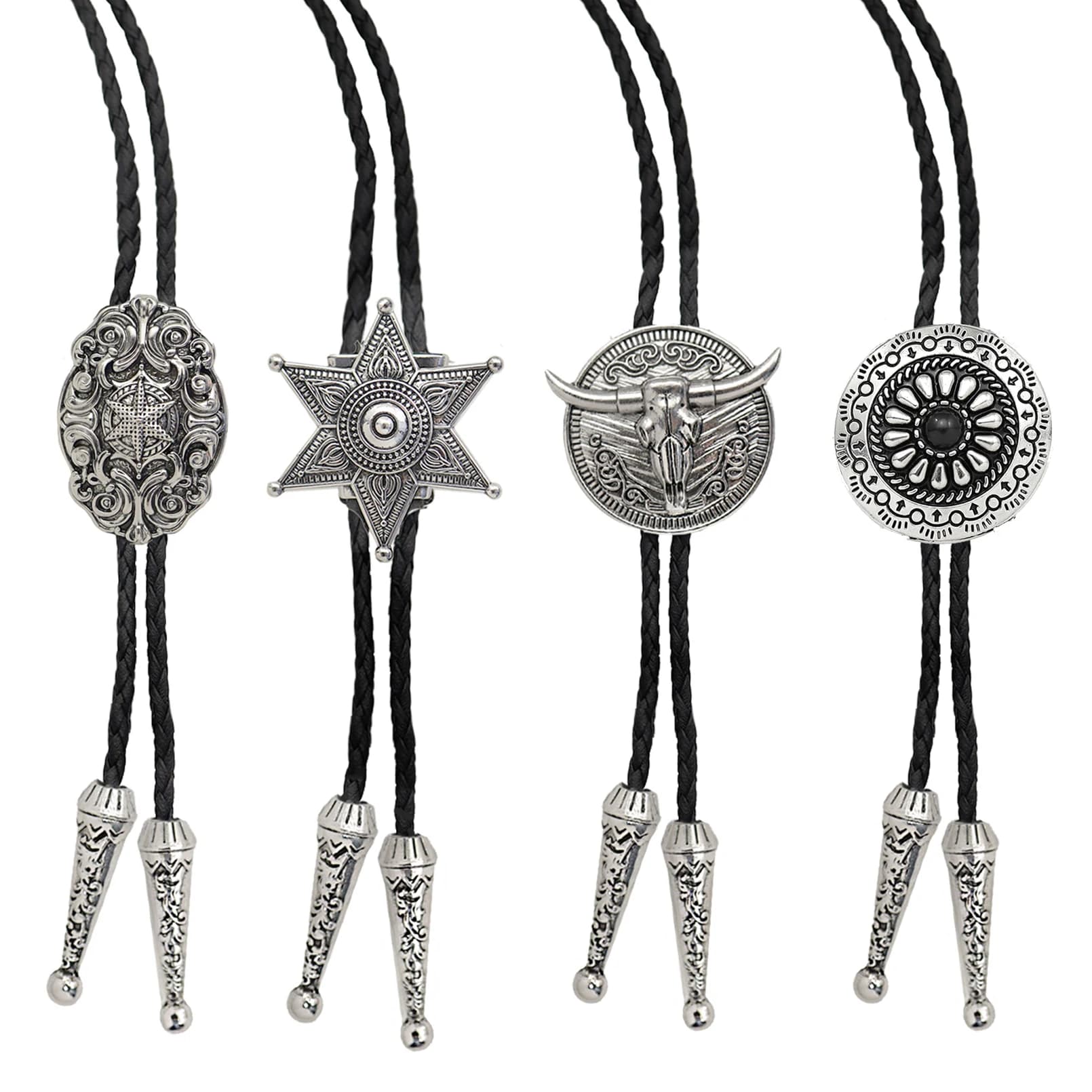 Vintage Western Cowboy Bolo Tie for Men Star Bull Circular Clock Movement Pendant Leather Rope Necktie Women Necklace Accessory