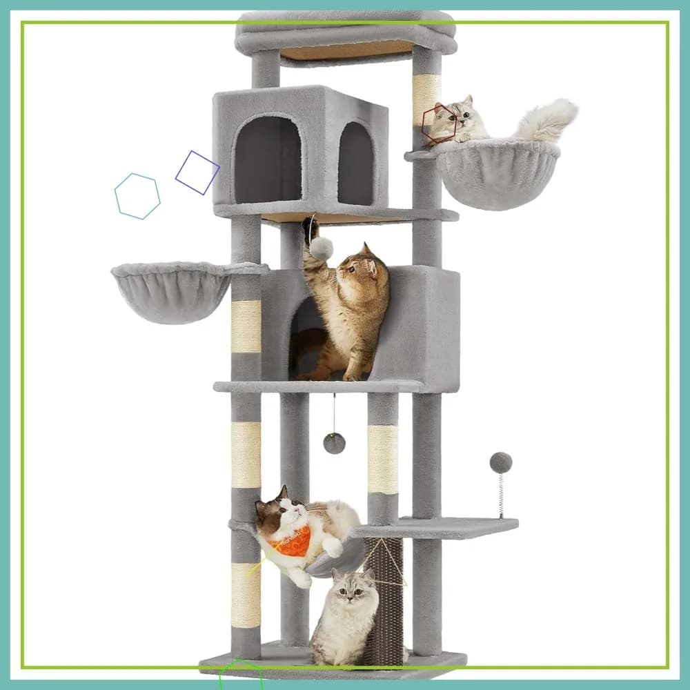 Albero per gatti da 69 pollici, cuccia multi-livello in peluche con 2 grotte, 2 cesti, 5 posti per grattare, posatoio, amaca, grigio tortora
