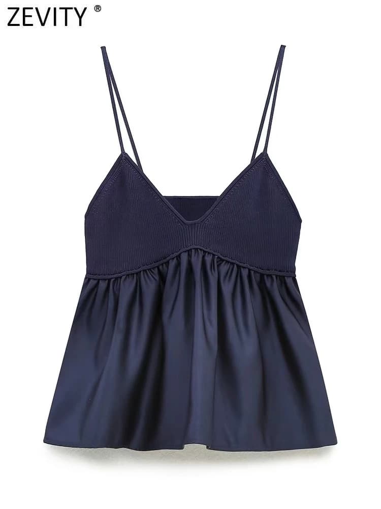 Zevity Women's Sexy V-neck Patchwork Sling Hemline Sling Apron Shirt Women's Shirt Blusas Chic Top LS3689