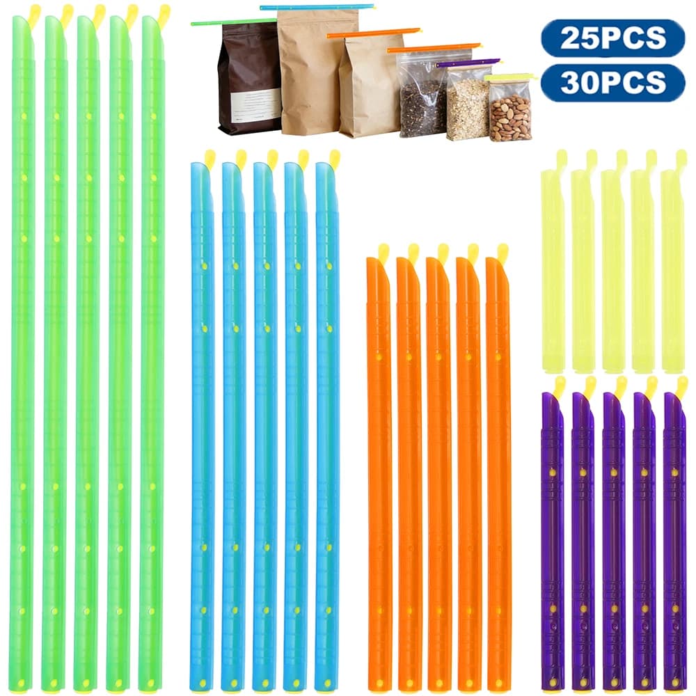 Clip Sigillanti per Sacchetti 25/30 Pezzi, 5 Misure, Clip Riutilizzabili per Conservazione Alimenti, Accessori da Cucina