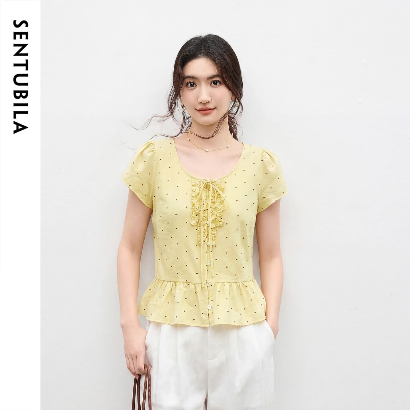 SENTUBILA Women's Korean Style Yellow Shirt 2026 Summer U-Neck Lace-up Ruffled Edge Short Sleeve Loose Blouse 162CI7592